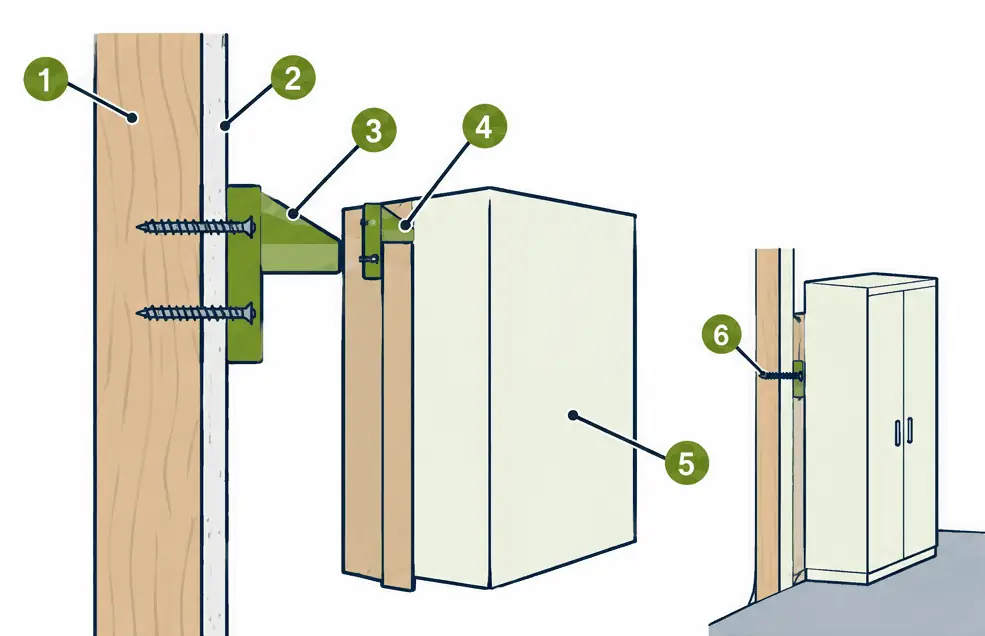 Diagram: side section of a wall cabinet hung on a cleat that is screwed through the drywall into a wall stud